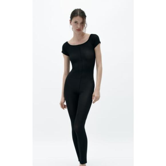 Zara Black Stretch Short Sleeve Leotard Jumpsuit Leggings Size Medium / Large - Picture 1 of 4